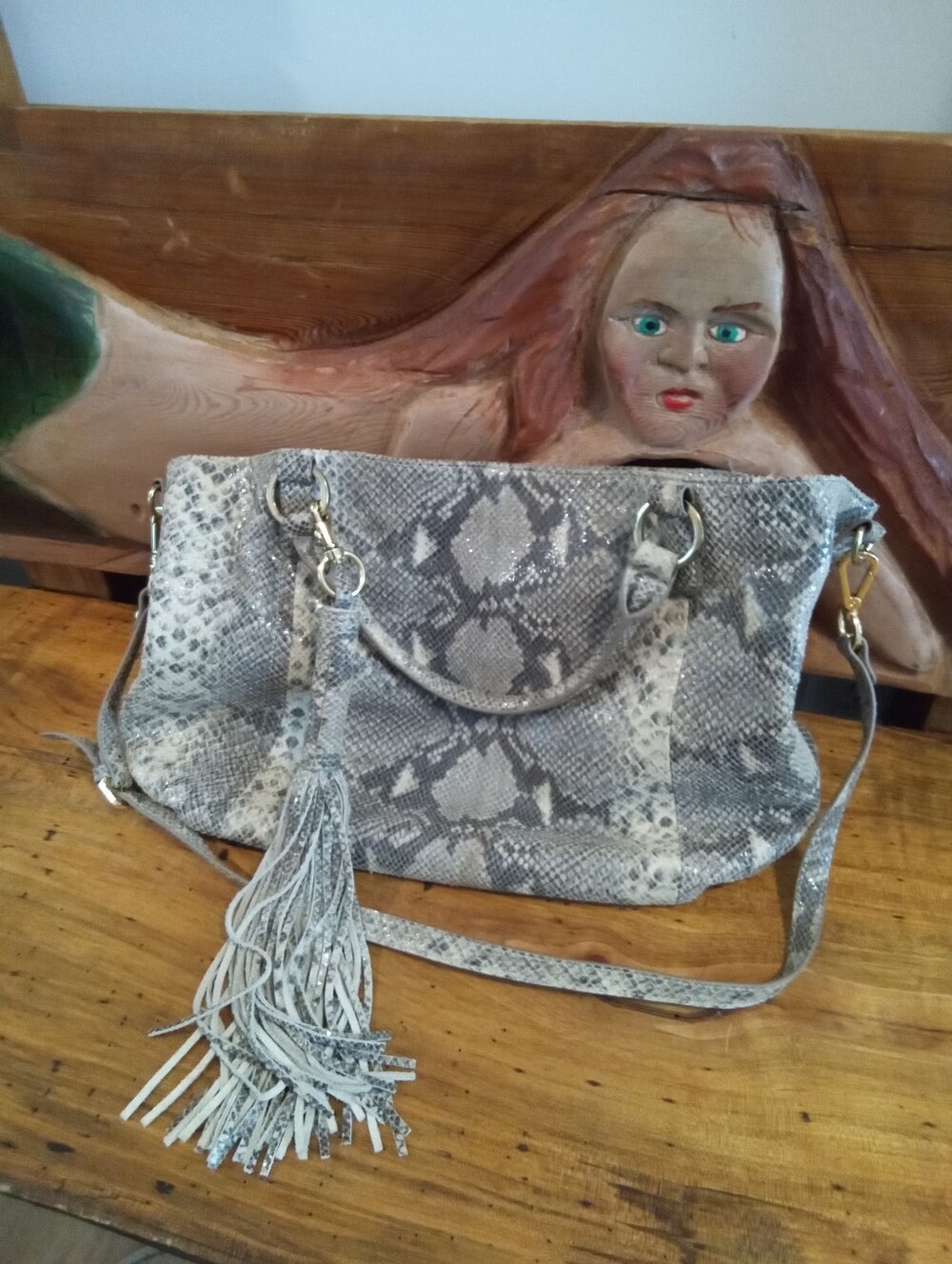 G.I.L.I. Got It Love It Python/Snakeskin Leather Slouchy Hobo Bag Fringe Tassel